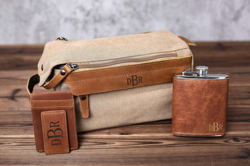 Groomsmen Gift Toiletry Bag, Personalized Leather Money Clip,Groomsmen Flask, Gift for Groomsmen, Bachelor Party Gift, Gift for Wedding - EN LEATHER