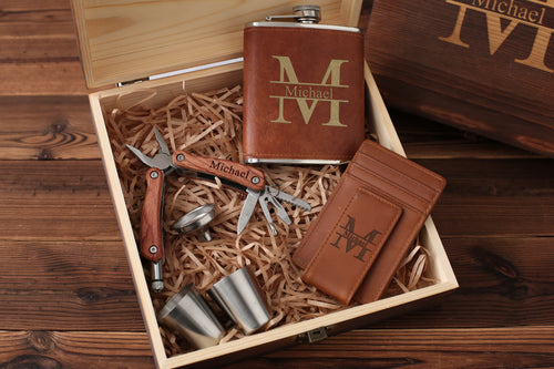 Groom Gifts, Personalized Wooden Multipliers, Leather Money Clip, Hip Flask in Groom Gift Box, Groom Proposal, Best Man Gifts, Groomsmen Gifts - EN LEATHER