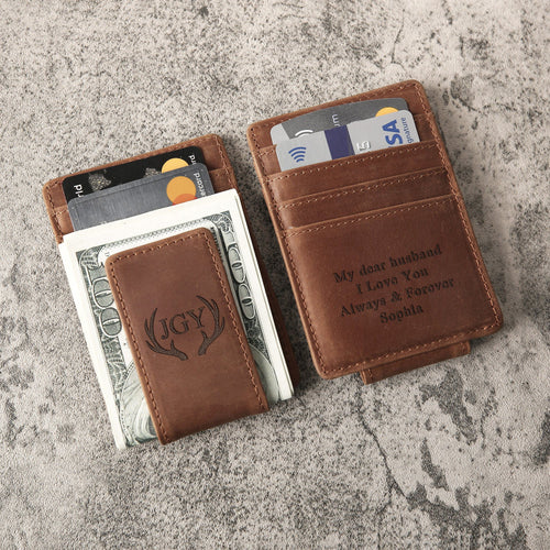 Personalized Leather Magnetic Money Clip for Husband and Boyfriend, Valentines Day gift for him - EN LEATHER